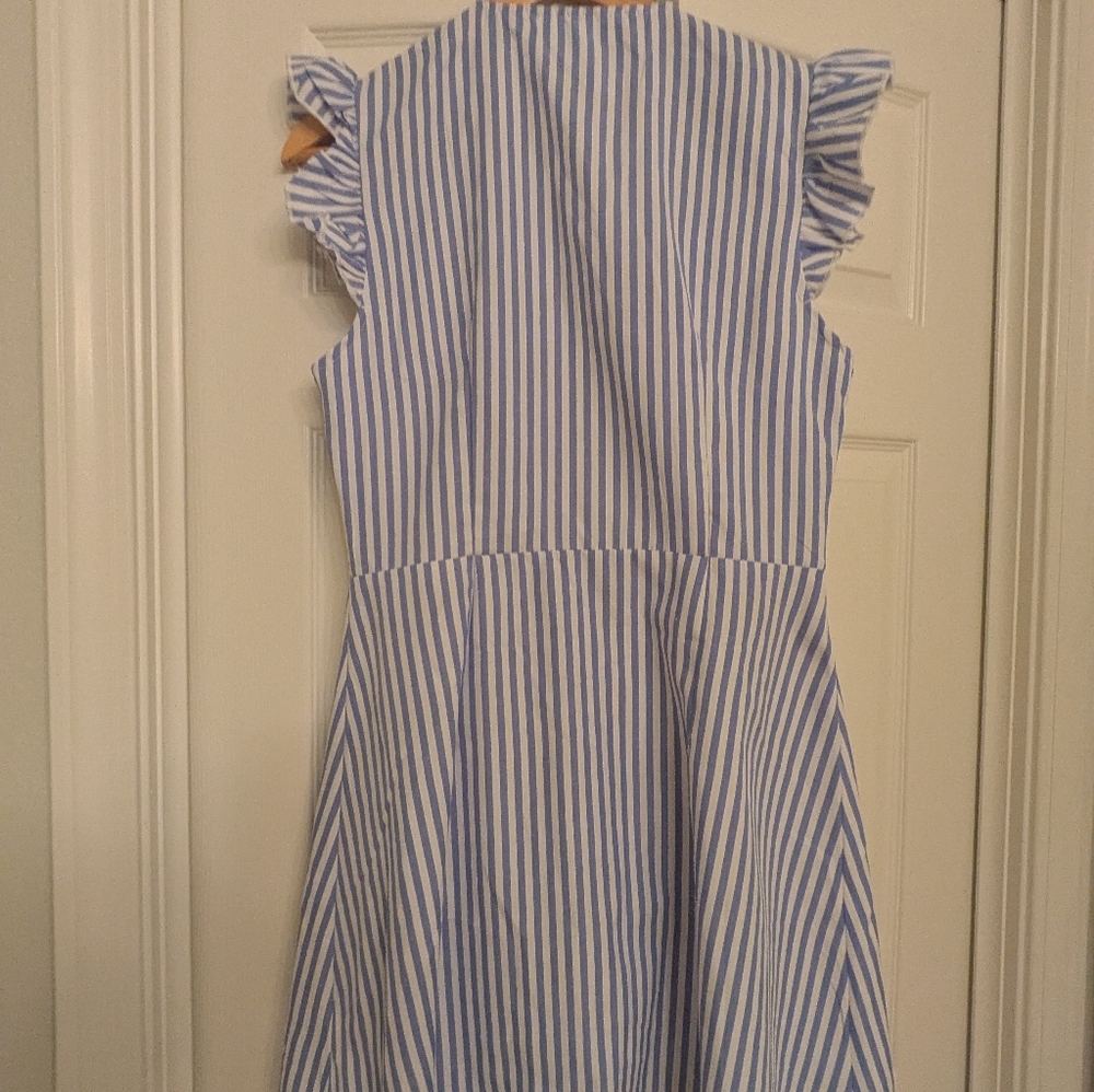 Blue and White Striped Dress with Ruffle Sleeves